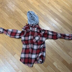 Mudd Red and Gray Plaid Hooded Flannel Top